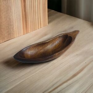Vintage Brown Wood Organic Bowl 9.25" Eggplant Shape Hand-Carved Serving Dish VG